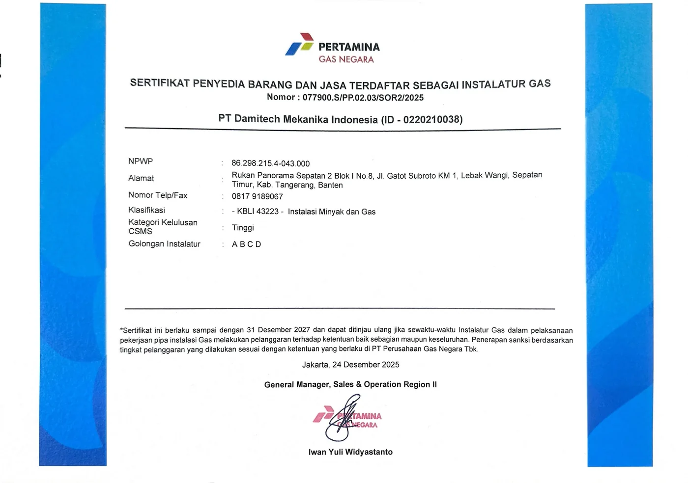 Sertifikat Instalatur Gas Pertamina Gas Negara PT Damitech Mekanika Indonesia