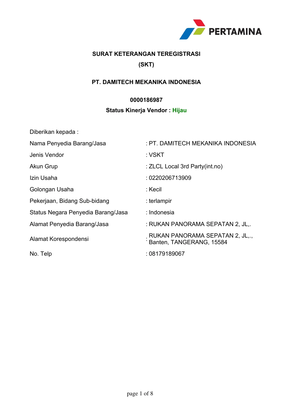 Surat Keterangan Teregistrasi PT Damitech Mekanika Indonesia di Pertamina